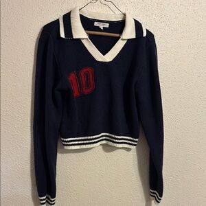 Navy V-Neck Sweater with Red Number Detail